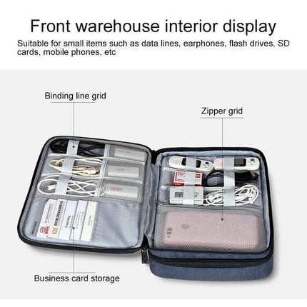 Nylon Waterproof Storage Bag For iPad, Large 29x21x8 Cm open interior showing organized cables, charger, headphones, power bank and business card pockets