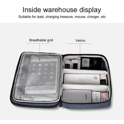 Nylon Waterproof Storage Bag For iPad, Large 29x21x8 Cm showing open double-layer compartments organizing iPad, chargers, cables and accessories
