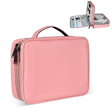 Nylon Waterproof Storage Bag For iPad, Large 29x21x8 Cm in pink with double-layer compartments for cables chargers headphones and tablet