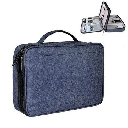Nylon Waterproof Storage Bag For iPad, Large 29x21x8 Cm - Blue double-layer organizer with handle for tablet, chargers and cables