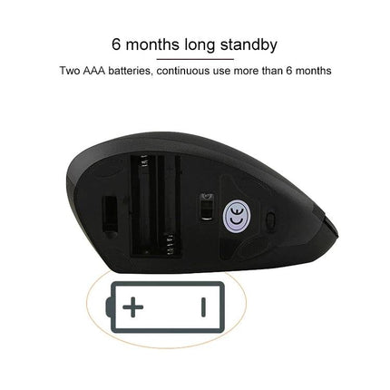 Ergonomic Vertical Wireless Mouse for Comfortable Navigation showing open battery compartment, two AAA battery slots and 6 months standby note
