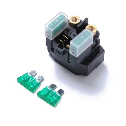 ATV Starter Solenoid Relay Kit Includes Two Fuses compact Yamaha starter relay with two 30A green fuses and copper contacts
