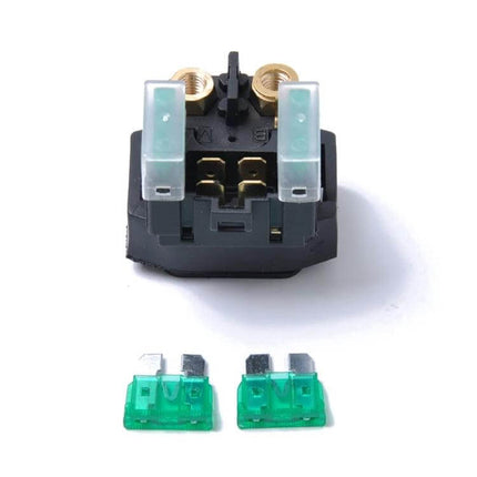ATV Starter Solenoid Relay Kit Includes Two Fuses - Yamaha ATV starter relay with copper contacts and two 30A fuses, compact replacement