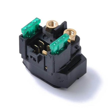 ATV Starter Solenoid Relay Kit Includes Two Fuses black starter relay with two 30A green fuses and brass terminals for Yamaha ATV replacement
