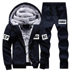 Men's Cozy Winter Sports Ensemble: Thick Hooded Jacket & Stylish Trousers with Letter Print DARK BLUE M