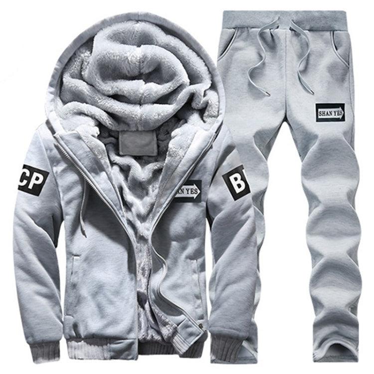 Men's Cozy Winter Sports Ensemble: Thick Hooded Jacket & Stylish Trousers with Letter Print GrEy M