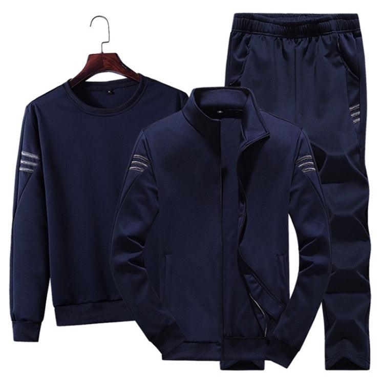 Men's Stylish 3-Piece Velvet Autumn Sports Outfit: Round Neck Shirt, Chic Cardigan, and Comfortable Trousers DARK Blue XXXXL