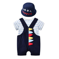 Dinosaur-Themed Short Sleeve Boys’ Outfit with Detachable Bib