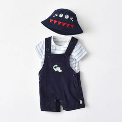 Dinosaur-Themed Short Sleeve Boys’ Outfit with Detachable Bib