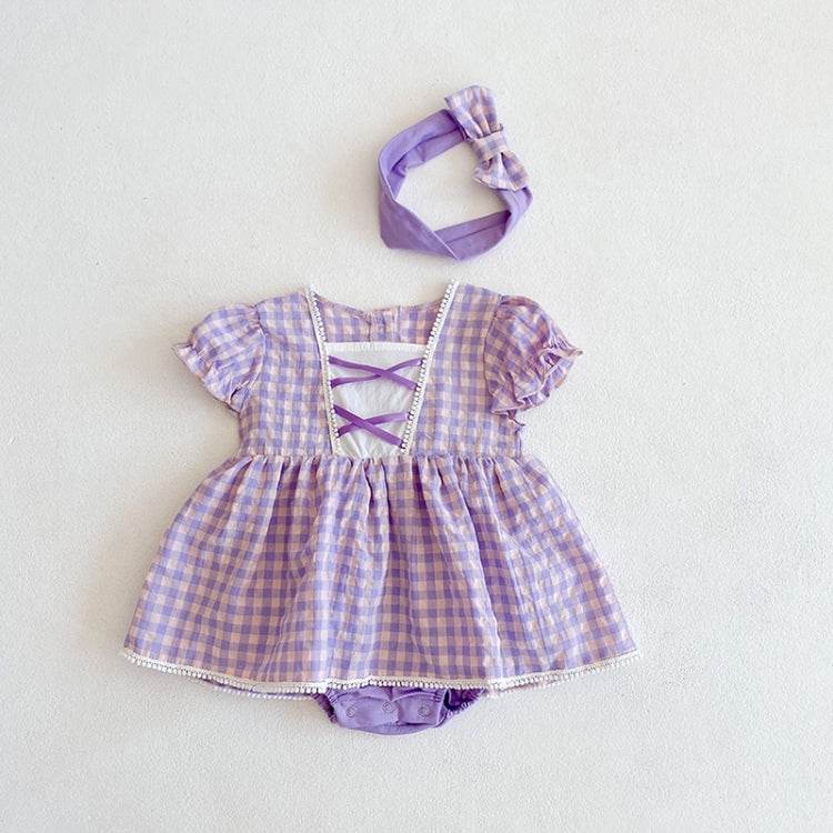 Girls Small Plaid Lace One-piece Romper And Skirt Romper