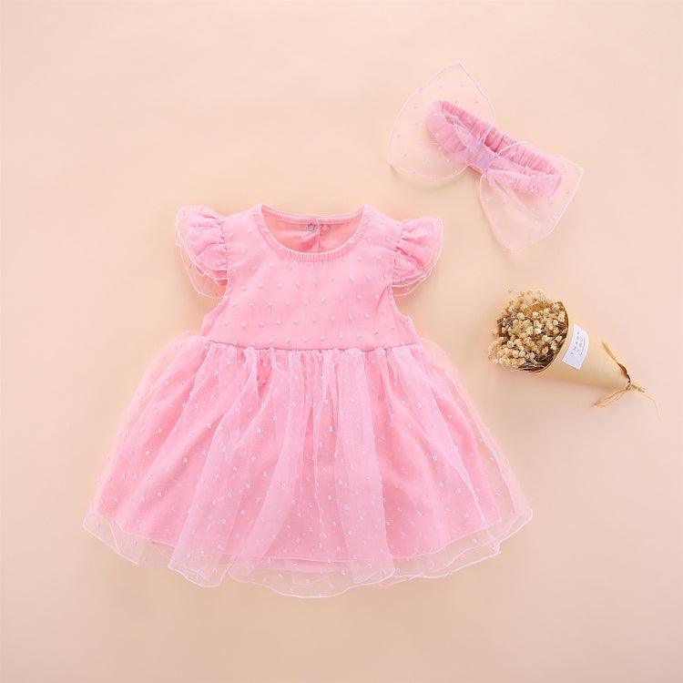 Princess-Style Short-Sleeved Mesh Dress with Adorable Bow for Girls Pink 50