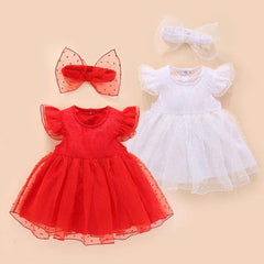 Princess-Style Short-Sleeved Mesh Dress with Adorable Bow for Girls