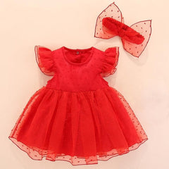 Princess-Style Short-Sleeved Mesh Dress with Adorable Bow for Girls Red 60