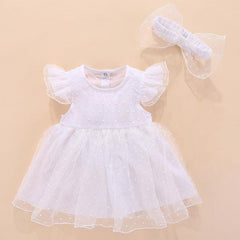 Princess-Style Short-Sleeved Mesh Dress with Adorable Bow for Girls White 60