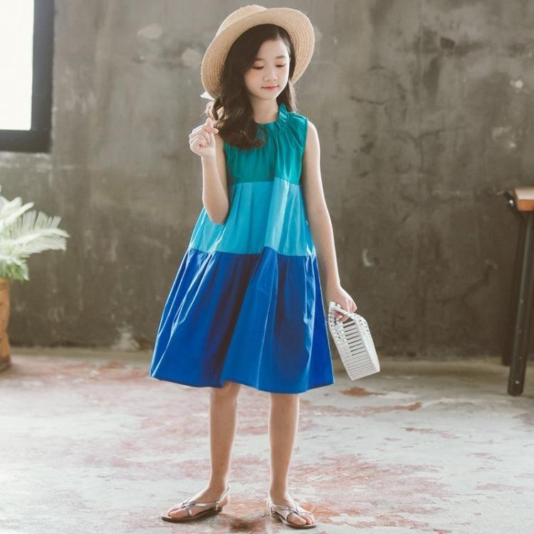 Girls' Trendy Contrast Stitching Sleeveless Lace Neckline Dress with Skirt