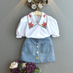 Girls Casual Two-Piece Denim Skirt and Short Sleeve Embroidered Top