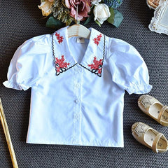 Girls Casual Two-Piece Denim Skirt and Short Sleeve Embroidered Top