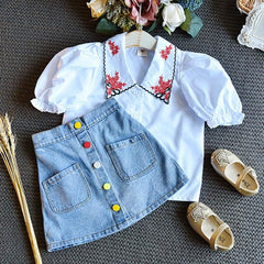 Girls Casual Two-Piece Denim Skirt and Short Sleeve Embroidered Top