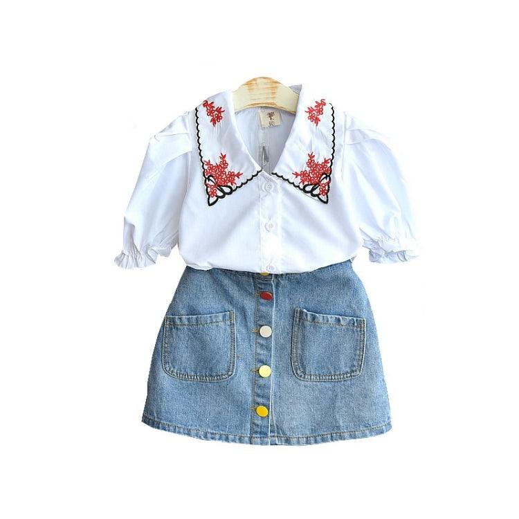 Girls Casual Two-Piece Denim Skirt and Short Sleeve Embroidered Top