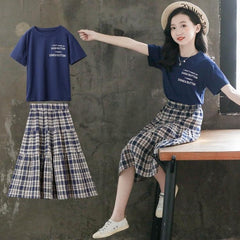 Girls Short Sleeve T-Shirt with Plaid Skirt Set