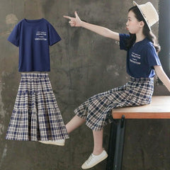 Girls Short Sleeve T-Shirt with Plaid Skirt Set