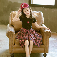 Girls Checked Short Sleeve Top and Skirt Set