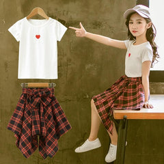 Girls Checked Short Sleeve Top and Skirt Set