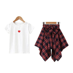 Girls Checked Short Sleeve Top and Skirt Set