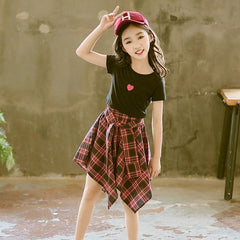 Girls Checked Short Sleeve Top and Skirt Set