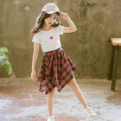 Girls Checked Short Sleeve Top and Skirt Set