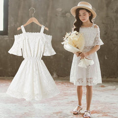 Girls Cotton Lace Short Sleeve Dress