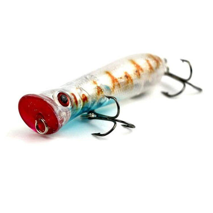 Alt Tag: Simulation Hard Bait Lure 8cm For Freshwater And Saltwater Fishing realistic popper lure with red mouth, silver-blue body and treble hooks