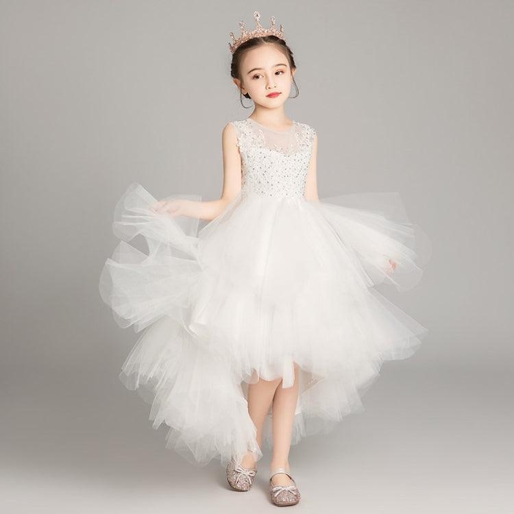 Sleeveless Lace Princess Dress with Short Front and Long Back for Girls - Formal Performance Pettiskirt