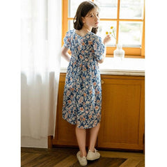 Floral Puff Sleeve Dress for Girls - Blue (Size: 160cm)