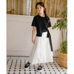 Girls Black Irregular T-shirt and Skirt Set (Size: 150cm)