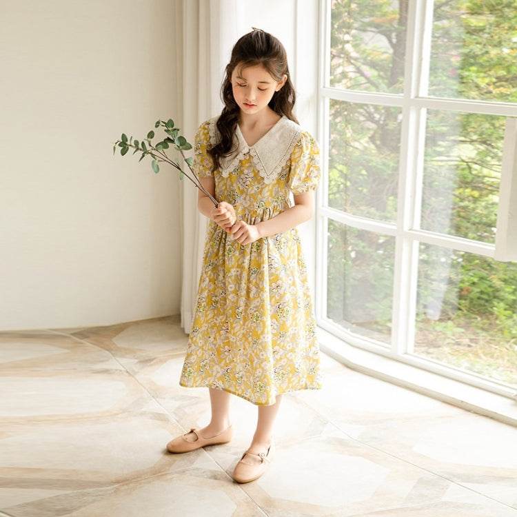 Girls Short-Sleeved Forest Style Floral Dress Yellow Size 160cm