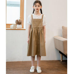 Girls Stylish Summer Suspender Skirt with Pockets (Color: As Shown, Size: 150cm)