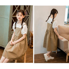 Girls Stylish Summer Suspender Skirt with Pockets (Color: As Shown, Size: 150cm)