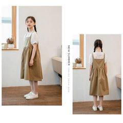 Girls Stylish Summer Suspender Skirt with Pockets (Color: As Shown, Size: 150cm)