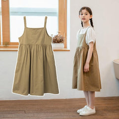 Girls Stylish Summer Suspender Skirt with Pockets (Color: As Shown, Size: 150cm)