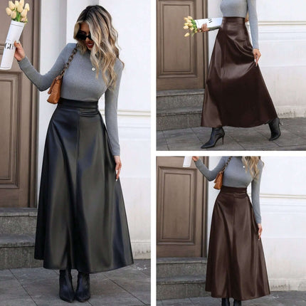 A-Line Faux Leather Skirt Mid-Length Hip-Covering For Work in black and dark brown, styled with turtleneck for meetings and commutes