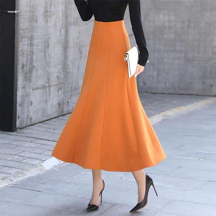 A Line Skirt Black Cotton Blend For Everyday Casual Wear - orange long A-line skirt with front zipper, mid-weight drape, styled with blouse and heels