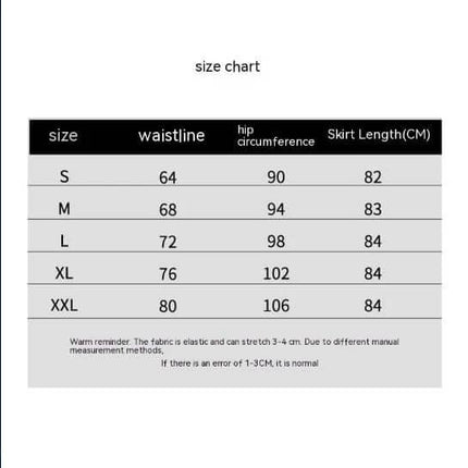 A Line Skirt Black Cotton Blend For Everyday Casual Wear size chart showing waistline, hip circumference and skirt length for S-XXL
