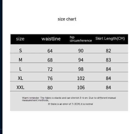 A Line Skirt Black Cotton Blend For Everyday Casual Wear size chart showing waistline, hip circumference and skirt length for S-XXL