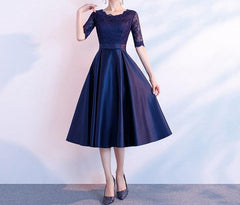 Sophisticated Long Sleeve Versatile Business and Evening Dress Round neck navy midlength