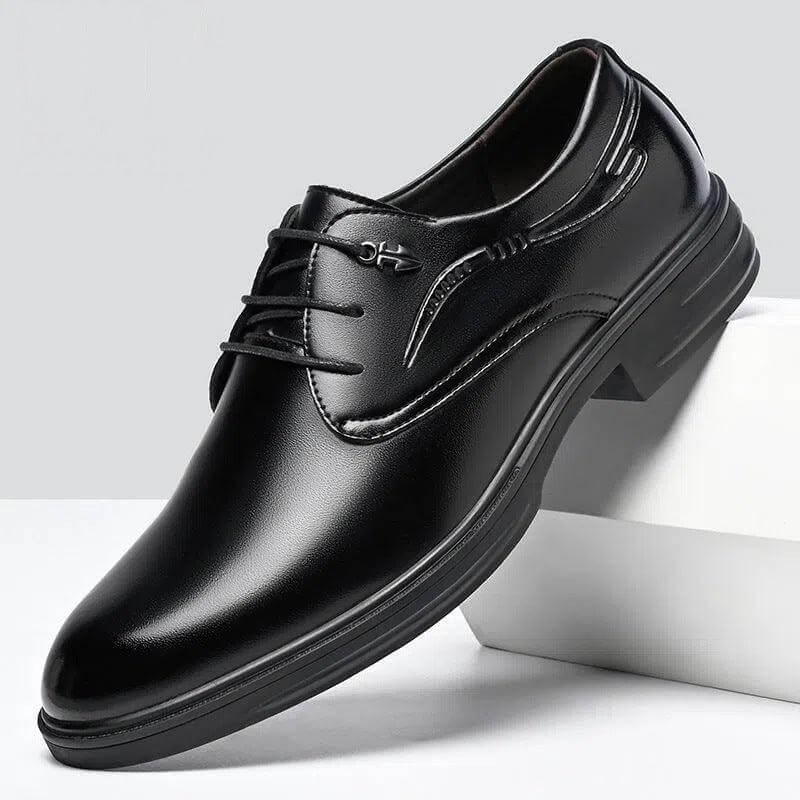 Men's Casual Height Increasing Leather Shoes - Black Genuine Cowhide Formal Footwear for Business and Everyday Use