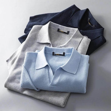 Men's Cotton V-Neck Short Sleeve Lapel Top for Everyday Wear - folded blue, navy and grey cotton v-neck lapel shirts