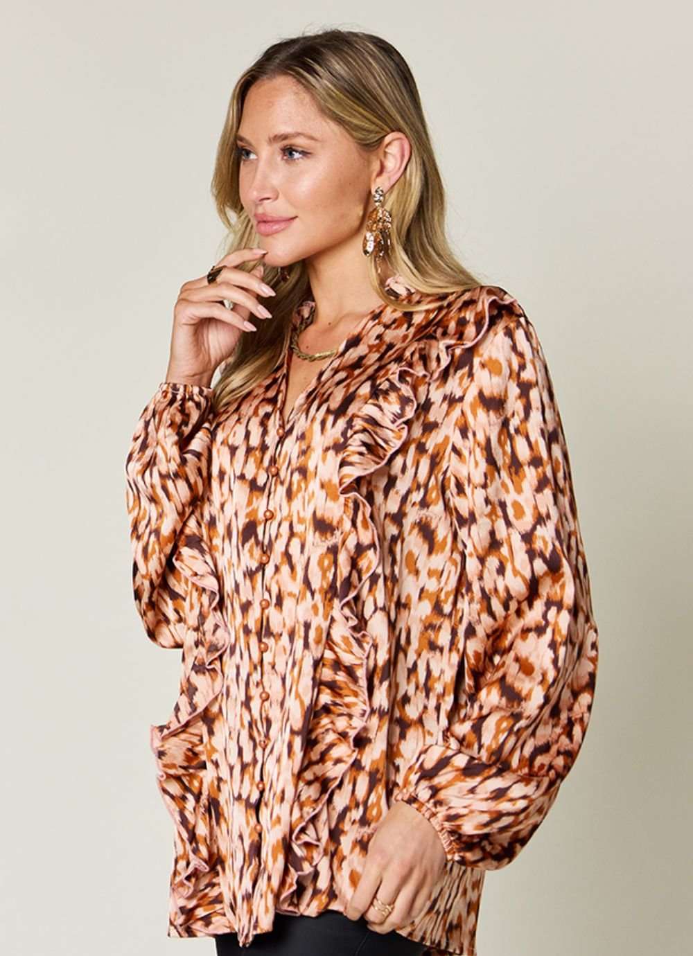 Printed Ruffle Trim Balloon Sleeve Blouse in Full Size