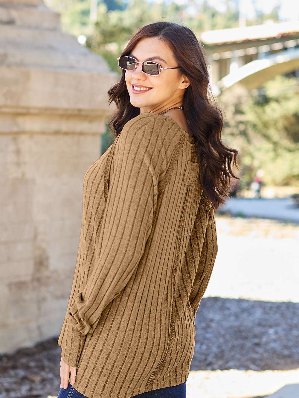 Basic Bae Full Size Ribbed Round Neck Long Sleeve Knit Top