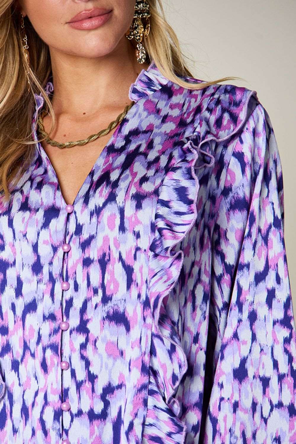 Printed Ruffle Trim Balloon Sleeve Blouse in Full Size